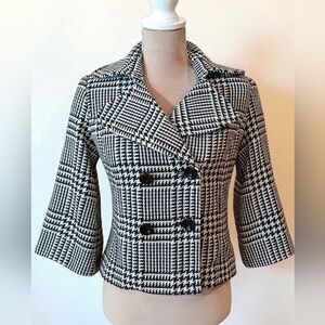 Focus 2000 Black White Wool Blend Plaid Double Breasted Womans Blazer 4 Petite